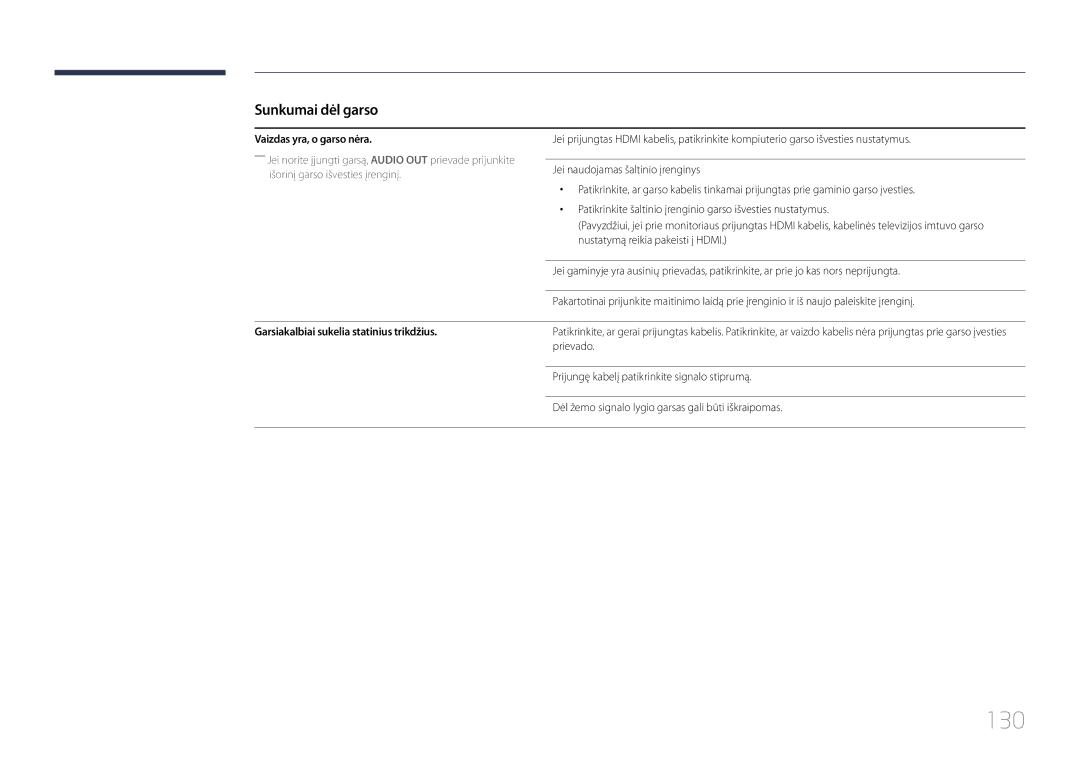 Samsung LH55OHDPKBC/EN, LH46OHDPKBC/EN manual 130, Vaizdas yra, o garso nėra, Garsiakalbiai sukelia statinius trikdžius 