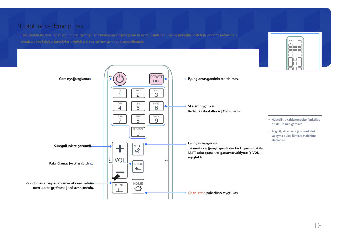 Samsung LH55OHDPKBC/EN, LH46OHDPKBC/EN manual Nuotolinio valdymo pultas, Vol 