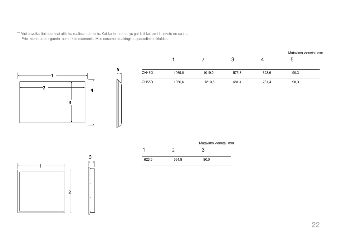 Samsung LH55OHDPKBC/EN, LH46OHDPKBC/EN manual Matmenys, Maitinimo bloko matmenys, Modelio, Matavimo vienetai mm 