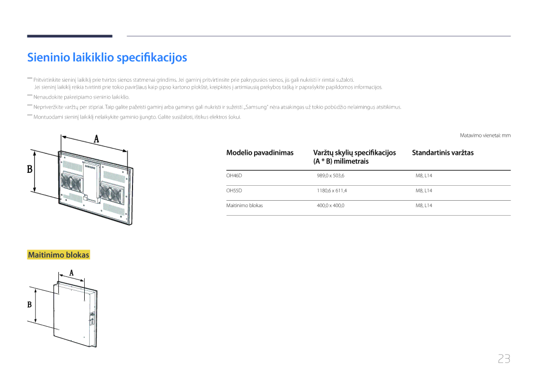 Samsung LH46OHDPKBC/EN Sieninio laikiklio specifikacijos, Maitinimo blokas, Modelio pavadinimas, Standartinis varžtas 