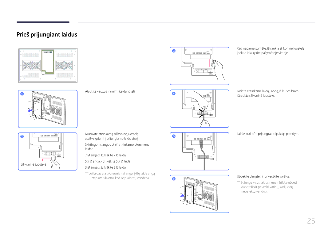 Samsung LH46OHDPKBC/EN, LH55OHDPKBC/EN manual Prieš prijungiant laidus, Atsukite varžtus ir nuimkite dangtelį 