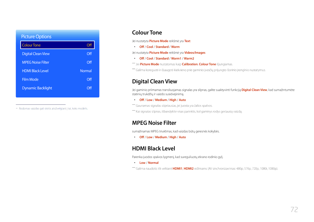 Samsung LH55OHDPKBC/EN, LH46OHDPKBC/EN manual Colour Tone, Digital Clean View, Mpeg Noise Filter, Hdmi Black Level 