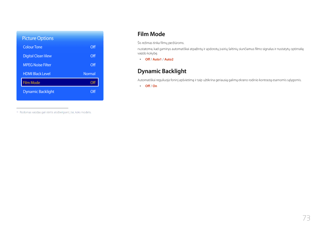 Samsung LH46OHDPKBC/EN, LH55OHDPKBC/EN manual Film Mode, Dynamic Backlight Off, Off / Auto1 / Auto2 