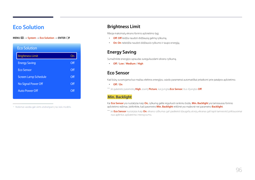 Samsung LH55OHDPKBC/EN, LH46OHDPKBC/EN manual Eco Solution, Brightness Limit, Energy Saving, Eco Sensor 