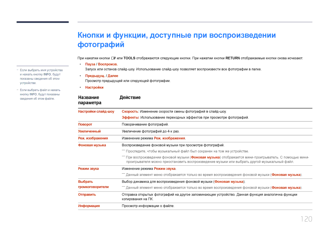 Samsung LH55OHDPKBC/EN, LH46OHDPKBC/EN manual Кнопки и функции, доступные при воспроизведении фотографий, 120 