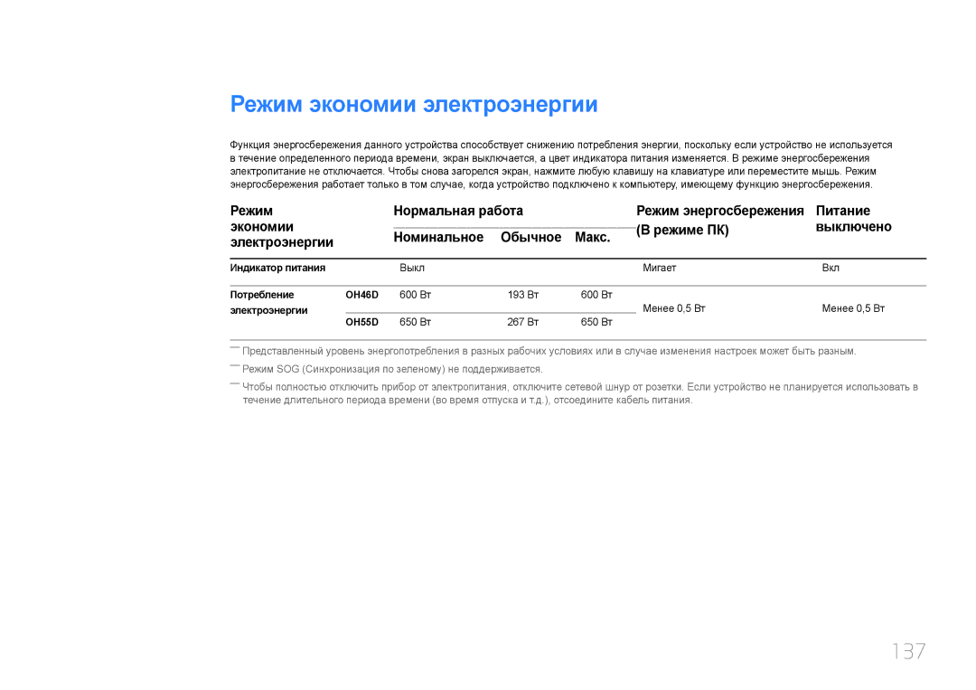 Samsung LH46OHDPKBC/EN, LH55OHDPKBC/EN manual Режим экономии электроэнергии, 137 