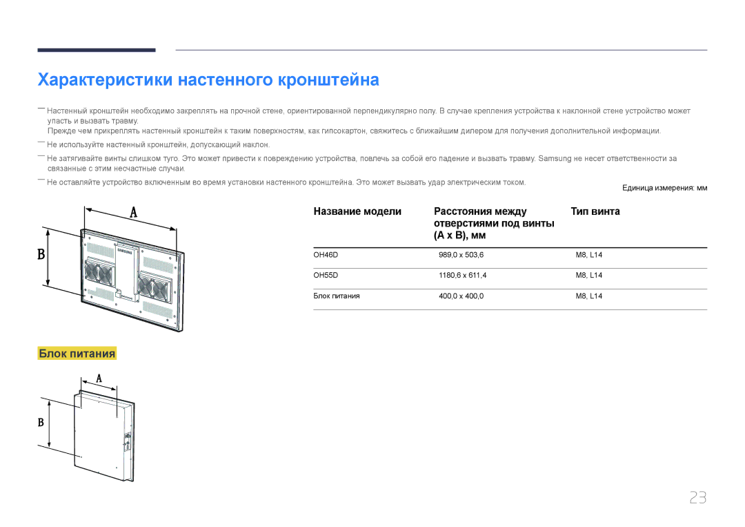 Samsung LH46OHDPKBC/EN, LH55OHDPKBC/EN manual Характеристики настенного кронштейна, Блок питания 