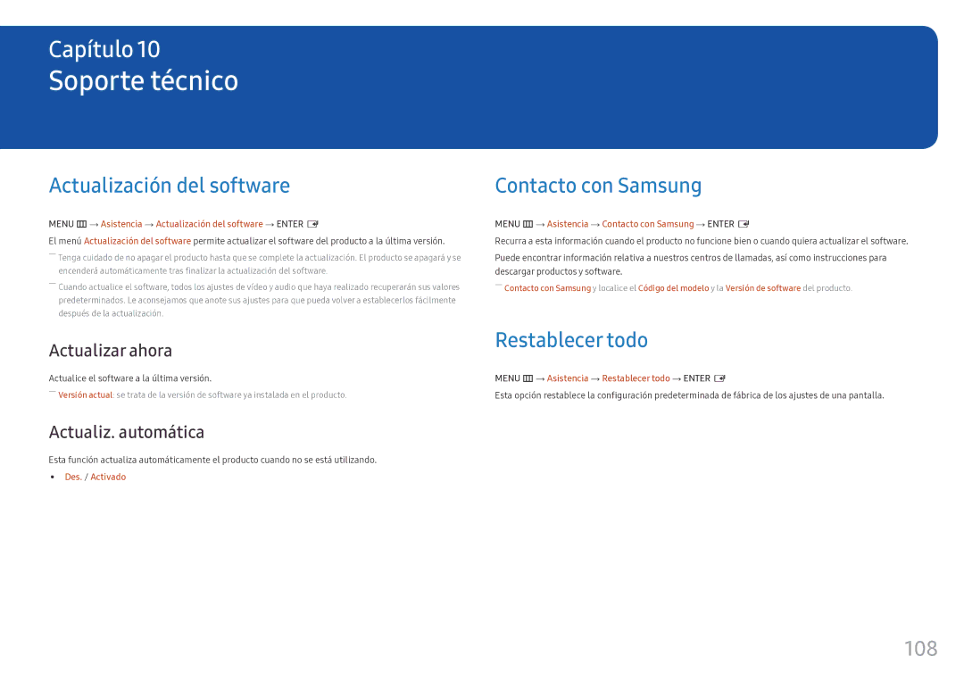 Samsung LH55OHFPKBC/EN manual Soporte técnico, Actualización del software, Contacto con Samsung, Restablecer todo, 108 