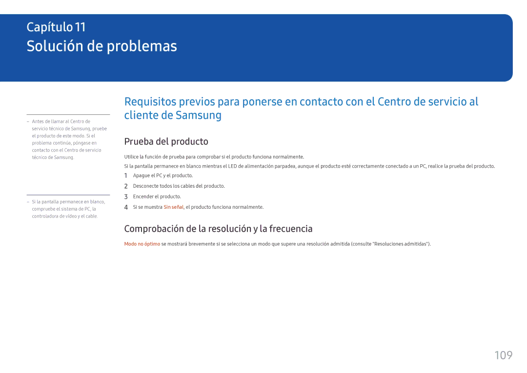 Samsung LH46OHFPKBC/EN Solución de problemas, 109, Prueba del producto, Comprobación de la resolución y la frecuencia 