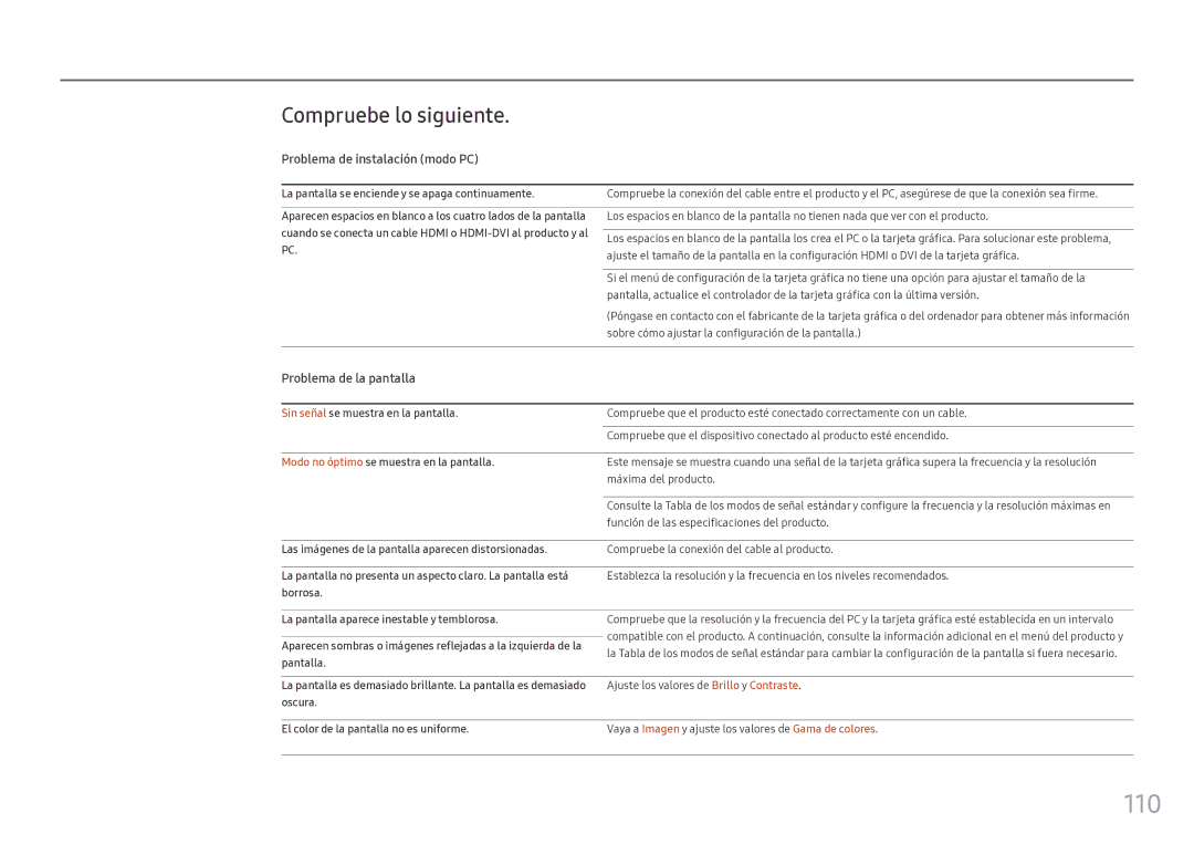 Samsung LH55OHFPKBC/EN manual 110, Compruebe lo siguiente, Problema de instalación modo PC, Problema de la pantalla 