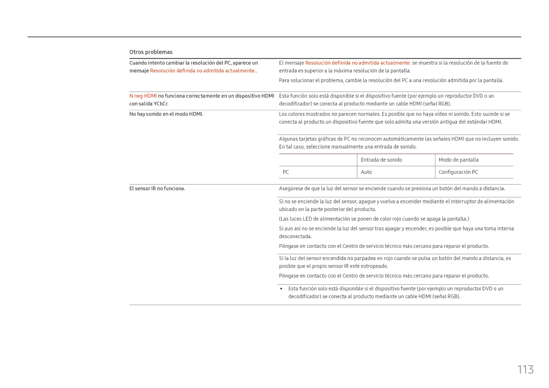 Samsung LH46OHFPKBC/EN, LH55OHFPKBC/EN manual 113, Con salida YCbCr, No hay sonido en el modo Hdmi, El sensor IR no funciona 