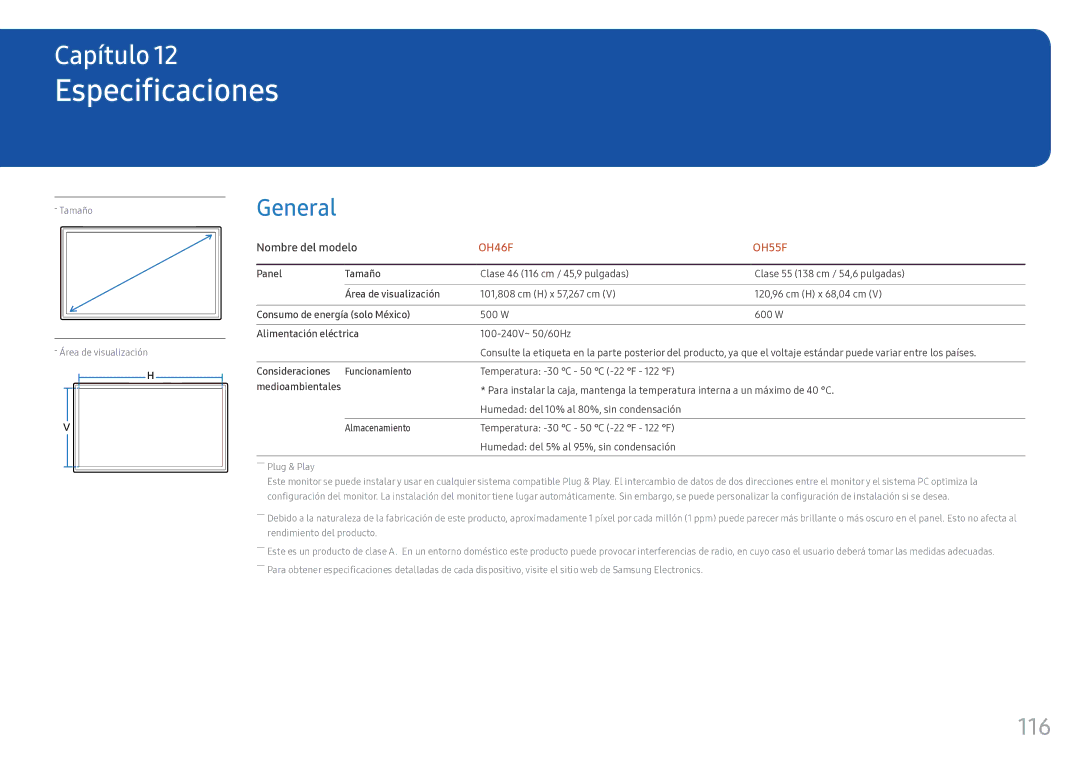 Samsung LH55OHFPKBC/EN, LH46OHFPKBC/EN manual Especificaciones, 116, Nombre del modelo 