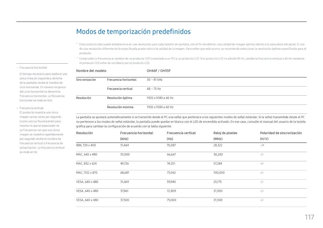 Samsung LH46OHFPKBC/EN, LH55OHFPKBC/EN manual Modos de temporización predefinidos, 117, OH46F / OH55F 