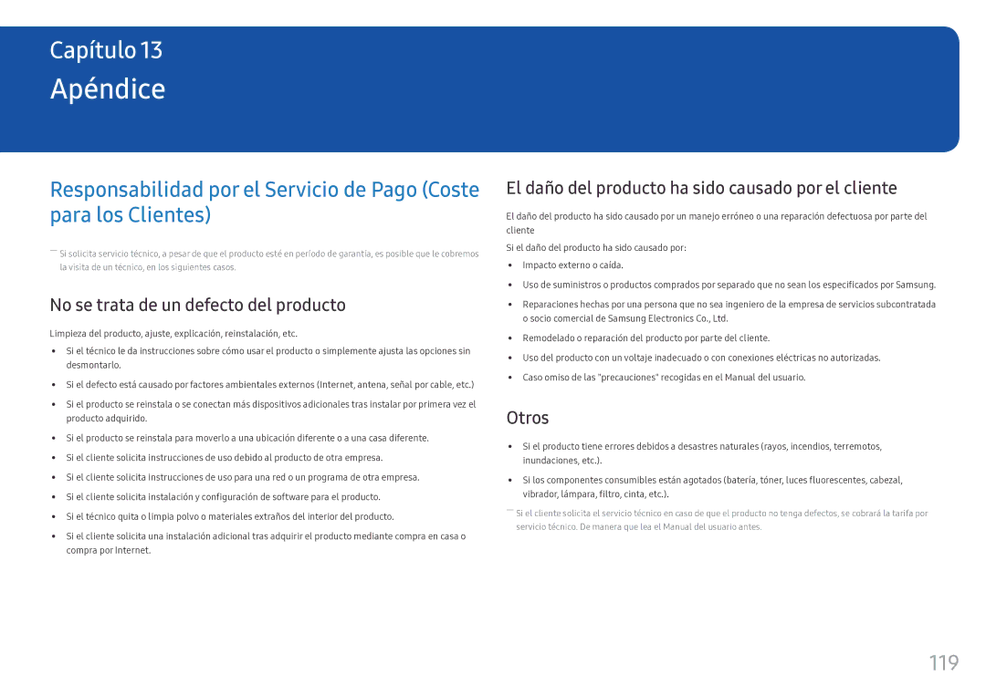 Samsung LH46OHFPKBC/EN, LH55OHFPKBC/EN manual Apéndice, 119, No se trata de un defecto del producto, Otros 