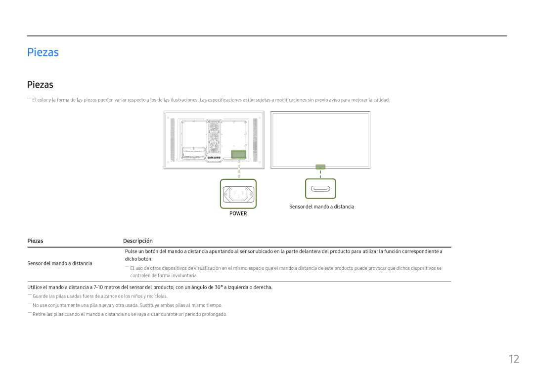 Samsung LH55OHFPKBC/EN, LH46OHFPKBC/EN manual Piezas Descripción, Sensor del mando a distancia Dicho botón 