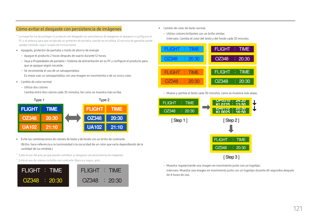 Samsung LH46OHFPKBC/EN, LH55OHFPKBC/EN manual 121, Cómo evitar el desgaste con persistencia de imágenes 