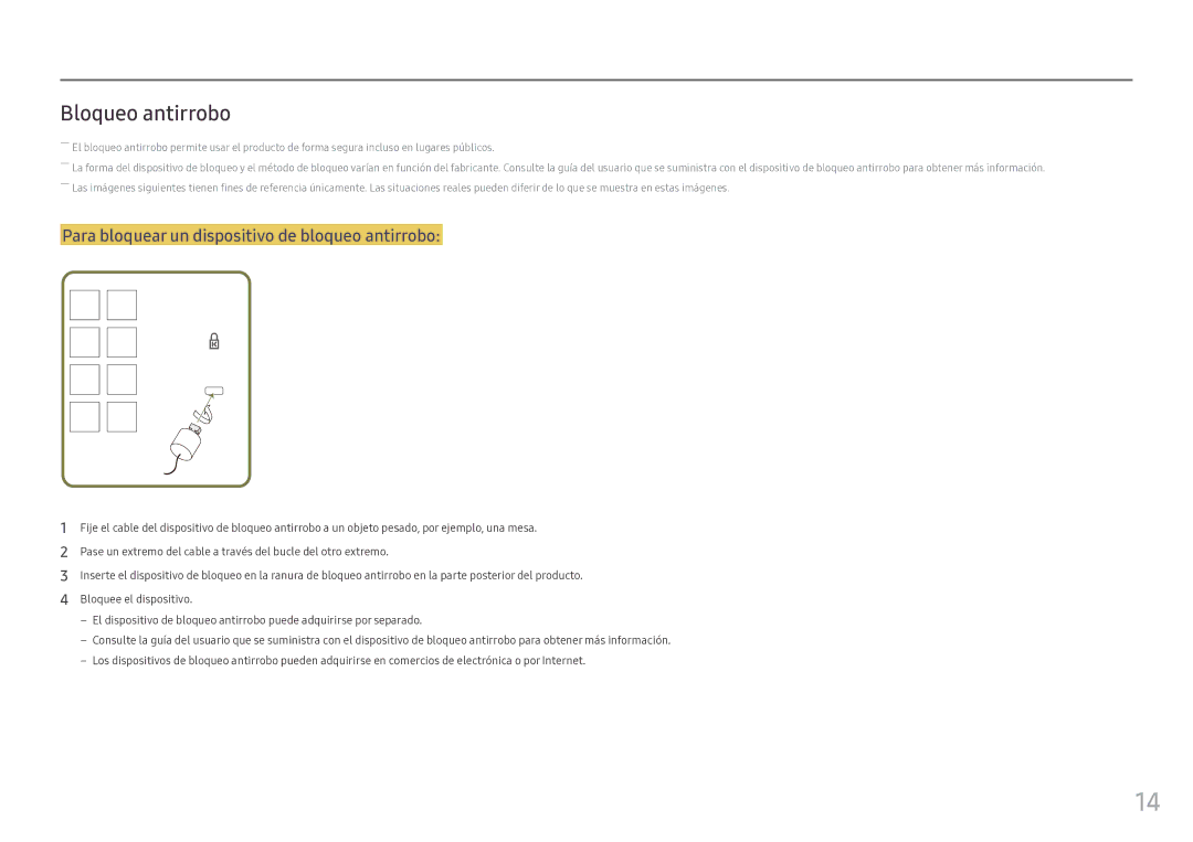 Samsung LH55OHFPKBC/EN, LH46OHFPKBC/EN manual Bloqueo antirrobo, Para bloquear un dispositivo de bloqueo antirrobo 