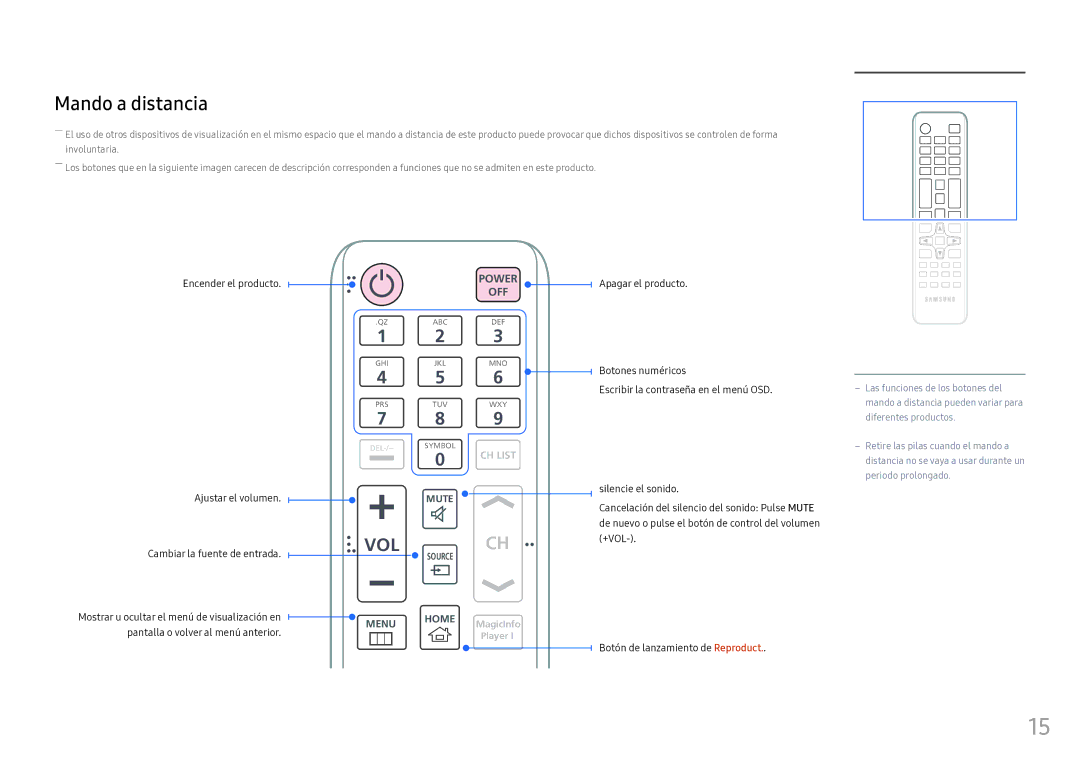 Samsung LH46OHFPKBC/EN, LH55OHFPKBC/EN manual Mando a distancia, Vol 