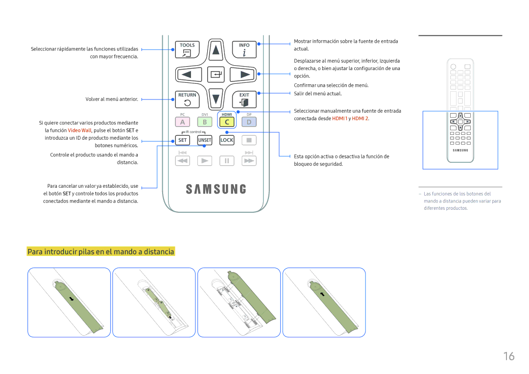 Samsung LH55OHFPKBC/EN, LH46OHFPKBC/EN manual Para introducir pilas en el mando a distancia, C D 