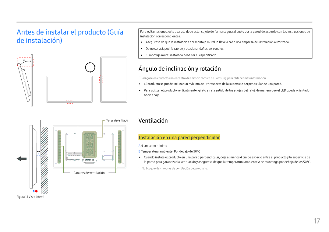 Samsung LH46OHFPKBC/EN Antes de instalar el producto Guía de instalación, Ángulo de inclinación y rotación, Ventilación 