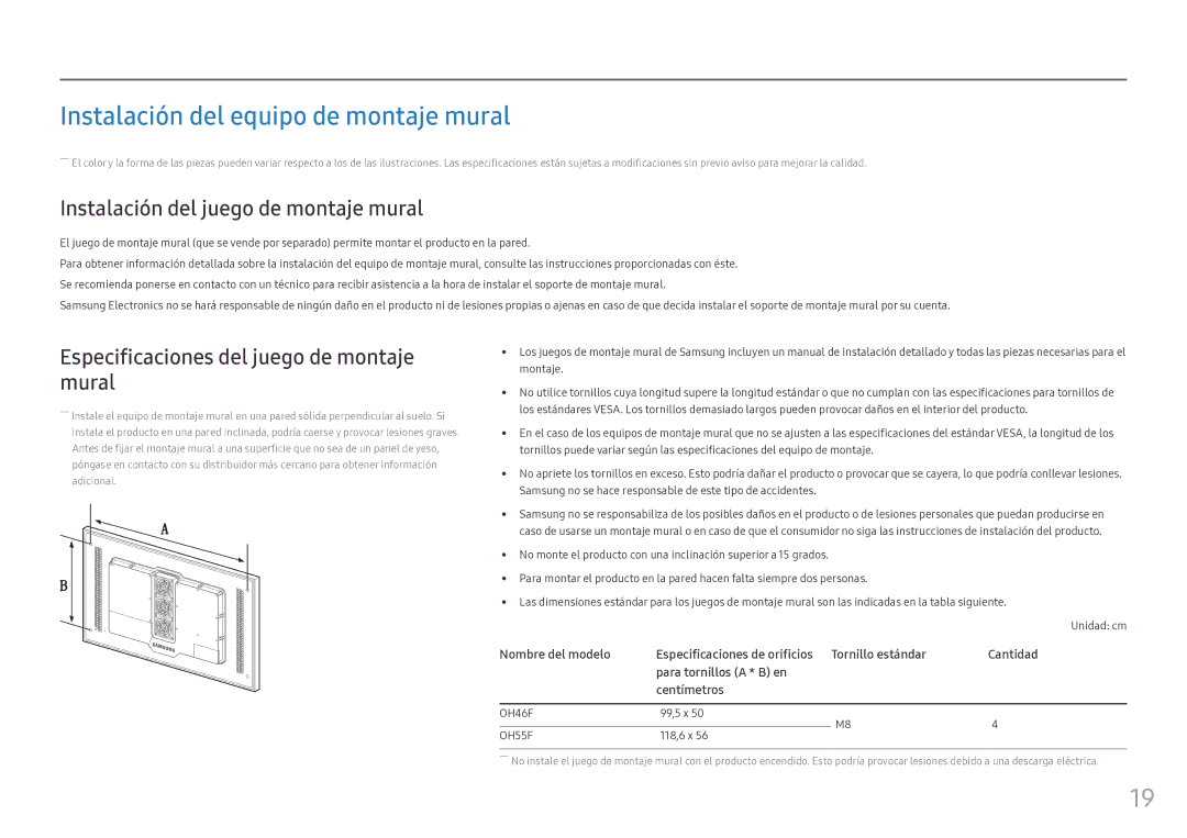 Samsung LH46OHFPKBC/EN manual Instalación del equipo de montaje mural, Instalación del juego de montaje mural, Cantidad 