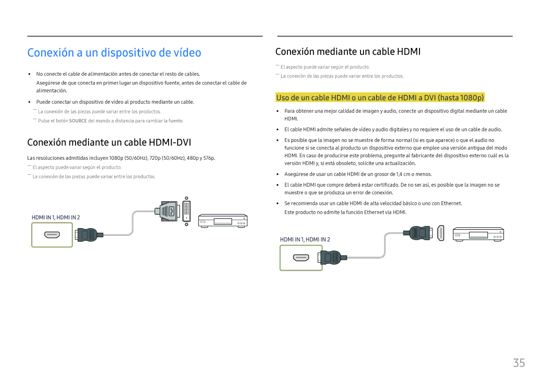 Samsung LH46OHFPKBC/EN manual Conexión a un dispositivo de vídeo, Uso de un cable Hdmi o un cable de Hdmi a DVI hasta 1080p 