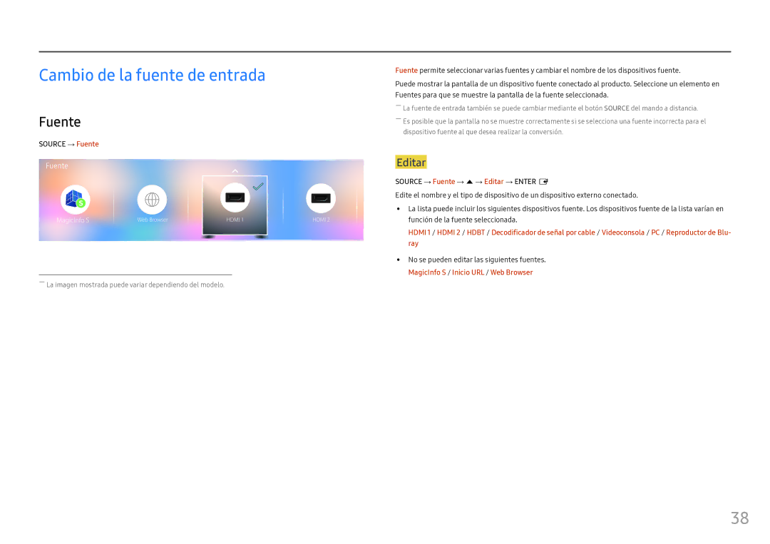 Samsung LH55OHFPKBC/EN, LH46OHFPKBC/EN Cambio de la fuente de entrada, Fuente, Ray, MagicInfo S / Inicio URL / Web Browser 