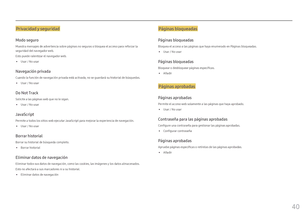 Samsung LH55OHFPKBC/EN, LH46OHFPKBC/EN manual Privacidad y seguridad, Páginas bloqueadas, Páginas aprobadas 