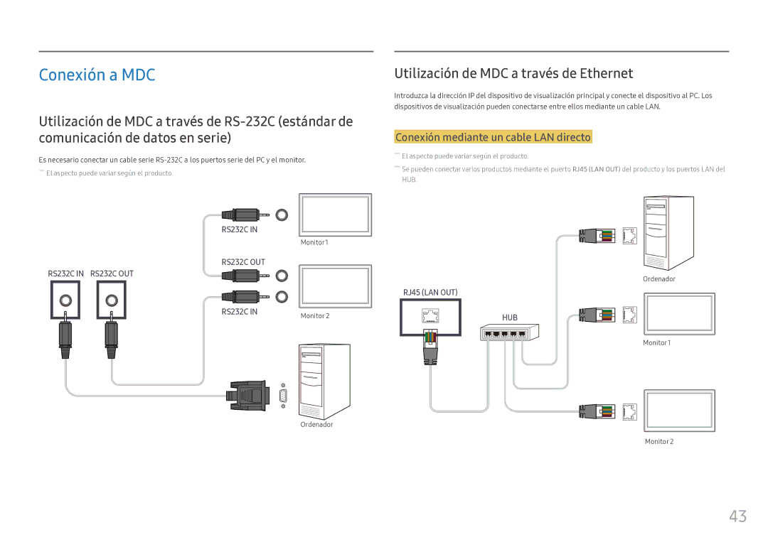 Samsung LH46OHFPKBC/EN Conexión a MDC, Utilización de MDC a través de Ethernet, Conexión mediante un cable LAN directo 