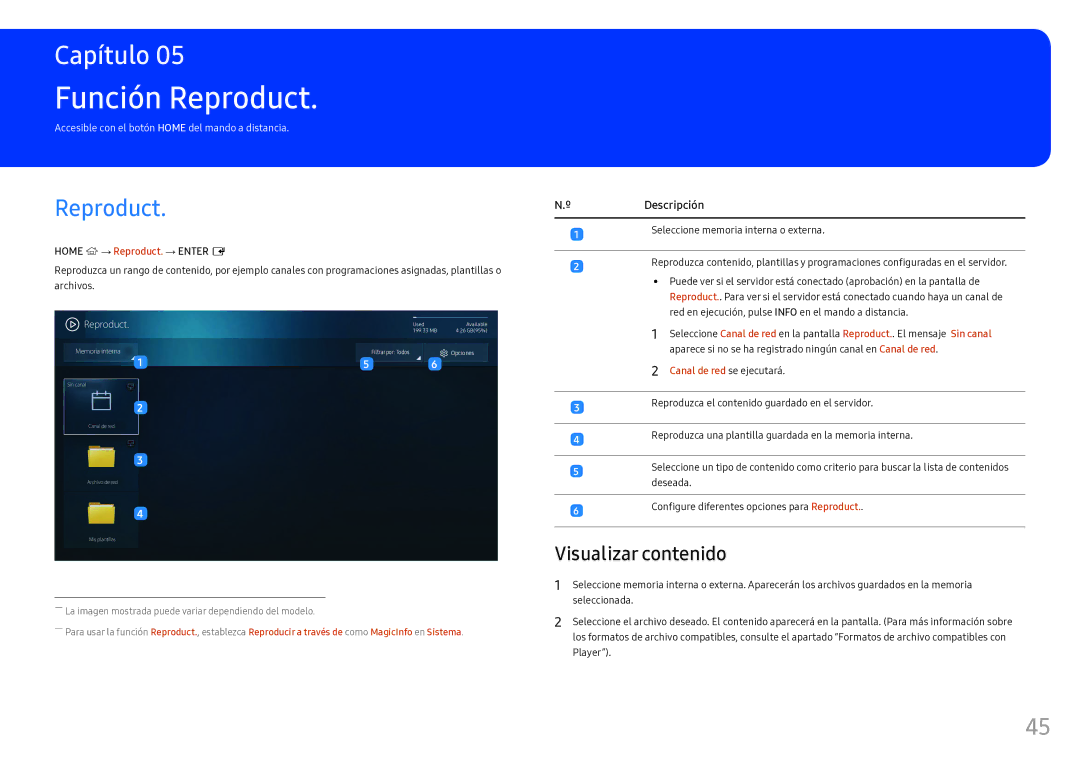 Samsung LH46OHFPKBC/EN, LH55OHFPKBC/EN Función Reproduct, Visualizar contenido, ºDescripción, Canal de red se ejecutará 