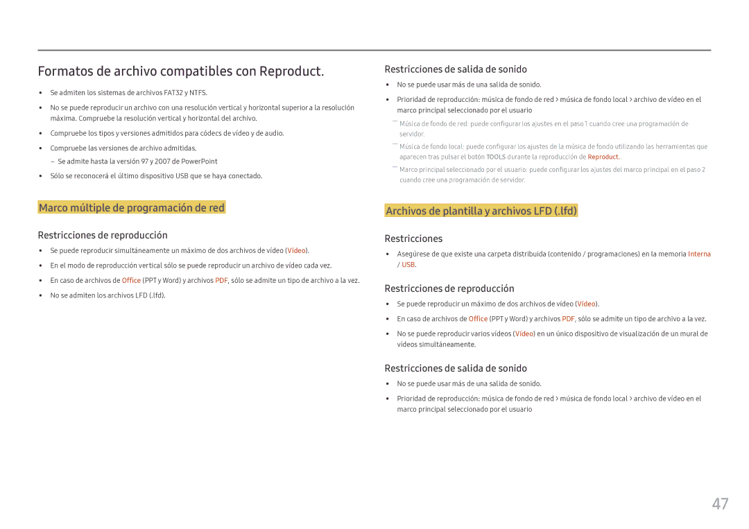 Samsung LH46OHFPKBC/EN manual Formatos de archivo compatibles con Reproduct, Marco múltiple de programación de red, Usb 