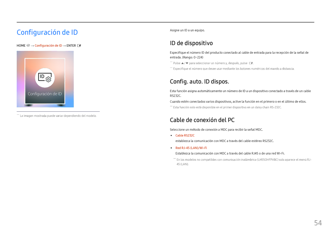 Samsung LH55OHFPKBC/EN manual Configuración de ID, ID de dispositivo, Config. auto. ID dispos, Cable de conexión del PC 