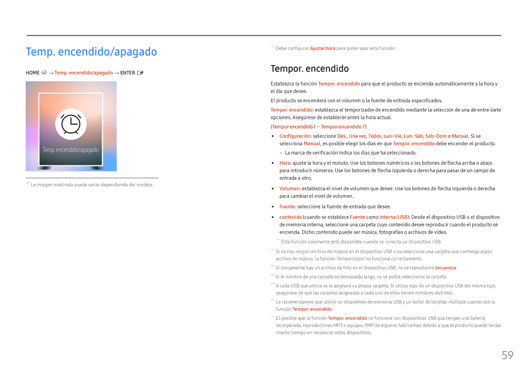 Samsung LH46OHFPKBC/EN, LH55OHFPKBC/EN manual Tempor. encendido, Home → Temp. encendido/apagado → Enter E 