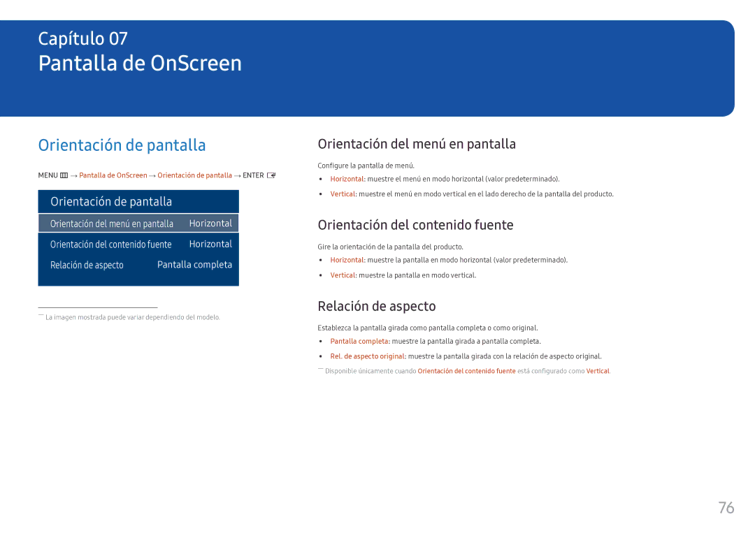 Samsung LH55OHFPKBC/EN, LH46OHFPKBC/EN Pantalla de OnScreen, Orientación de pantalla, Orientación del menú en pantalla 