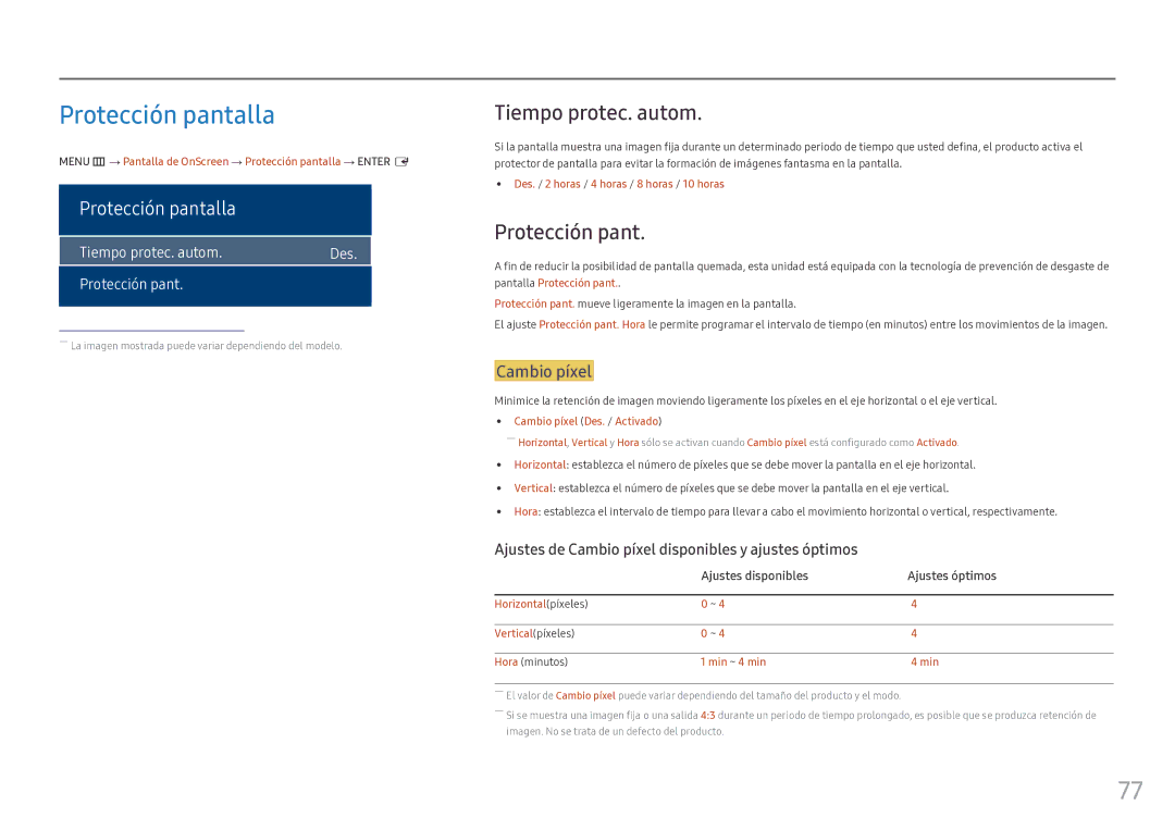 Samsung LH46OHFPKBC/EN, LH55OHFPKBC/EN manual Protección pantalla, Tiempo protec. autom, Cambio píxel 