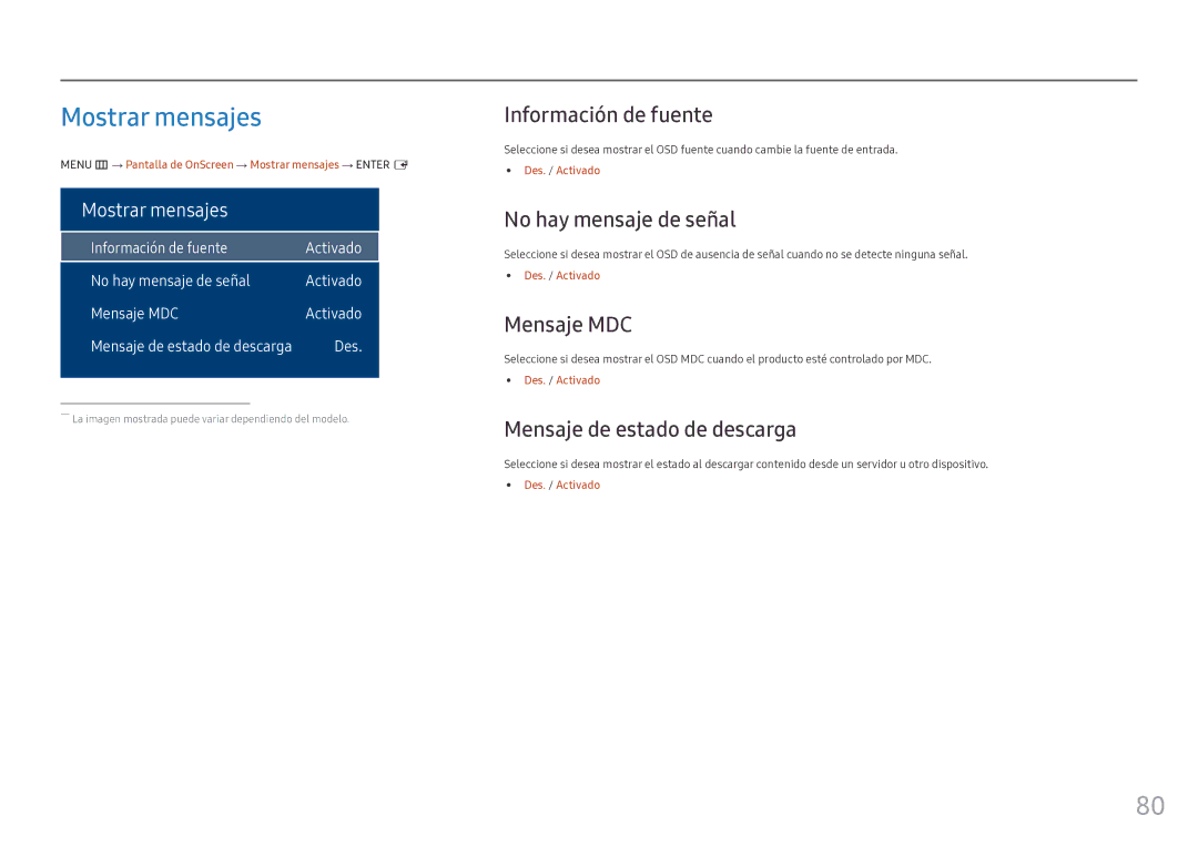 Samsung LH55OHFPKBC/EN, LH46OHFPKBC/EN manual Mostrar mensajes, Información de fuente, No hay mensaje de señal, Mensaje MDC 