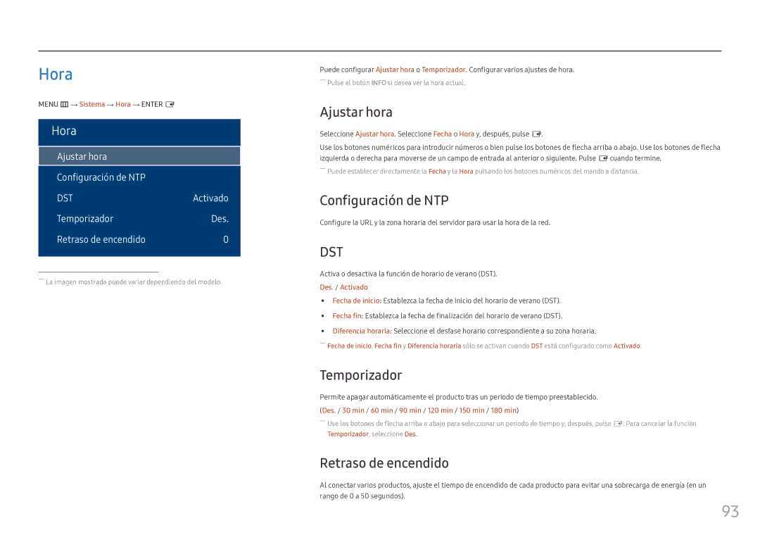 Samsung LH46OHFPKBC/EN, LH55OHFPKBC/EN manual Hora, Ajustar hora, Configuración de NTP, Temporizador, Retraso de encendido 