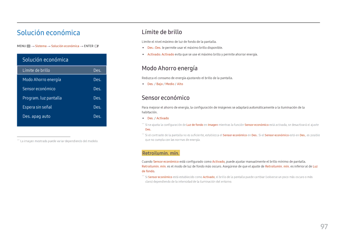 Samsung LH46OHFPKBC/EN, LH55OHFPKBC/EN manual Solución económica, Límite de brillo, Modo Ahorro energía, Sensor económico 