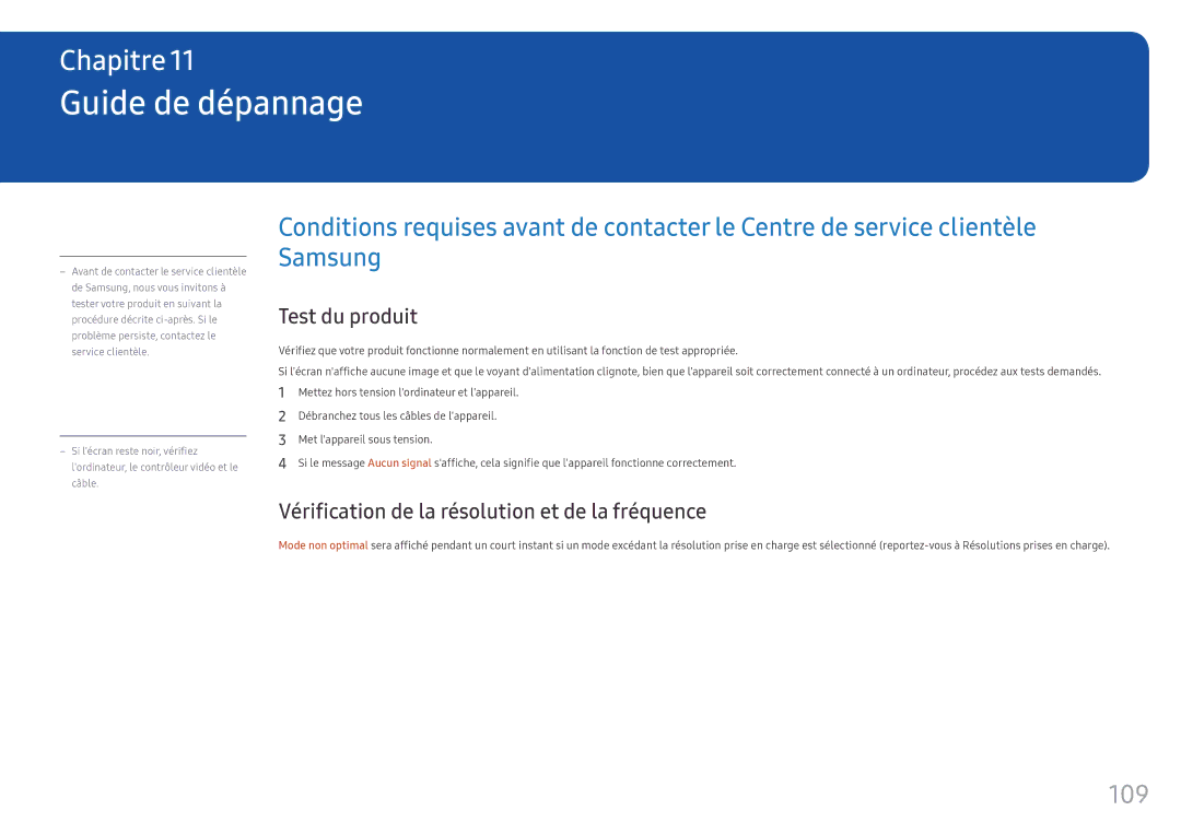 Samsung LH55OHFPVBC/EN manual Guide de dépannage, 109, Test du produit, Vérification de la résolution et de la fréquence 