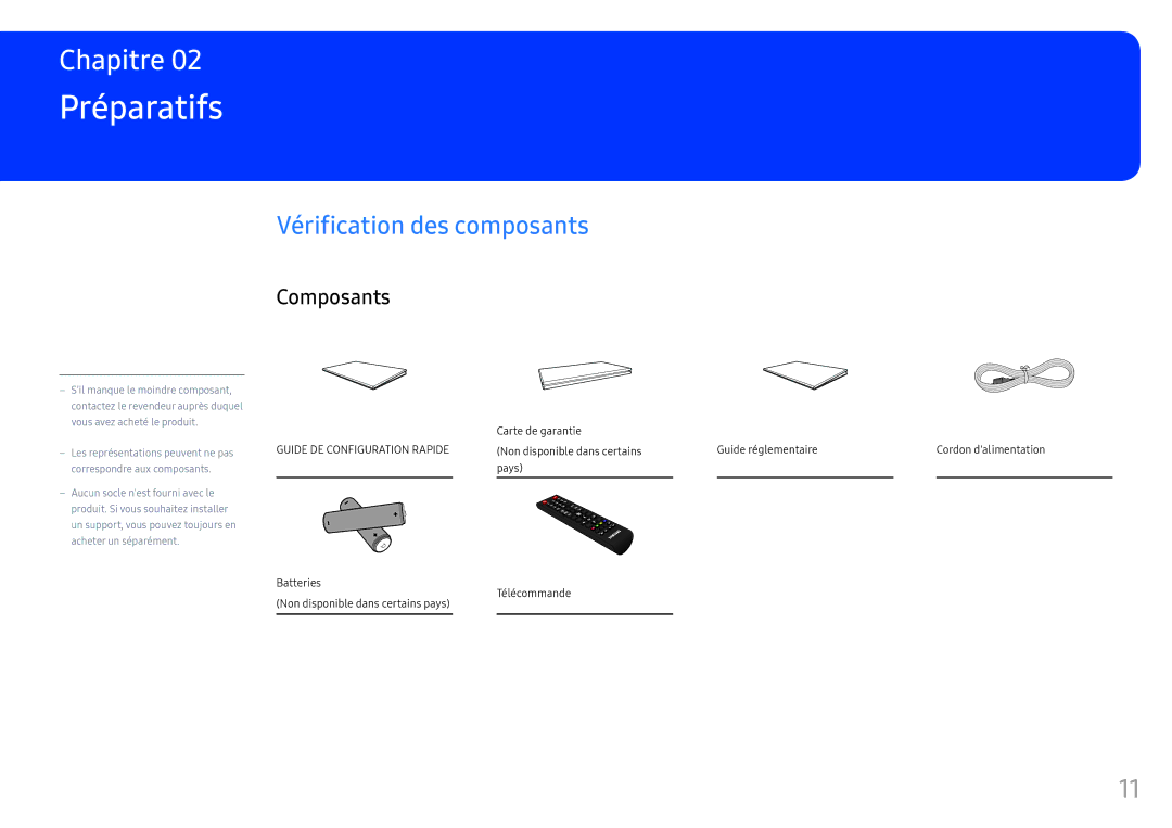 Samsung LH46OHFPKBC/EN, LH55OHFPKBC/EN, LH55OHFPVBC/EN manual Préparatifs, Vérification des composants, Composants 