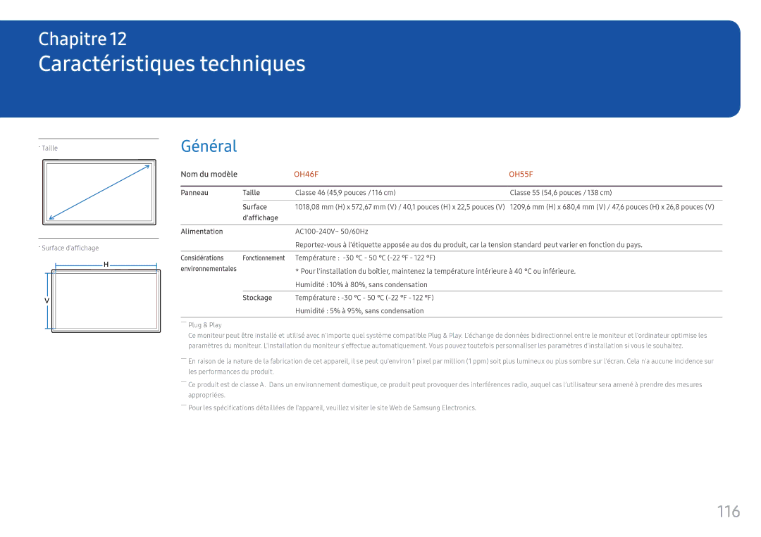 Samsung LH46OHFPKBC/EN, LH55OHFPKBC/EN, LH55OHFPVBC/EN manual Caractéristiques techniques, 116, Nom du modèle 