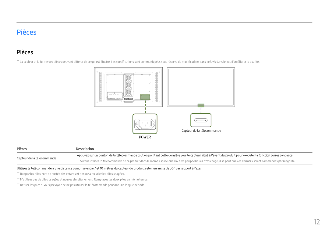 Samsung LH55OHFPKBC/EN, LH55OHFPVBC/EN, LH46OHFPKBC/EN manual Pièces Description 