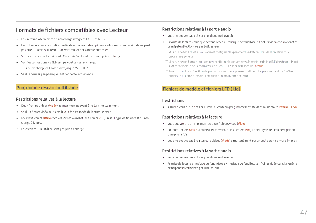 Samsung LH46OHFPKBC/EN, LH55OHFPKBC/EN manual Formats de fichiers compatibles avec Lecteur, Programme réseau multitrame 