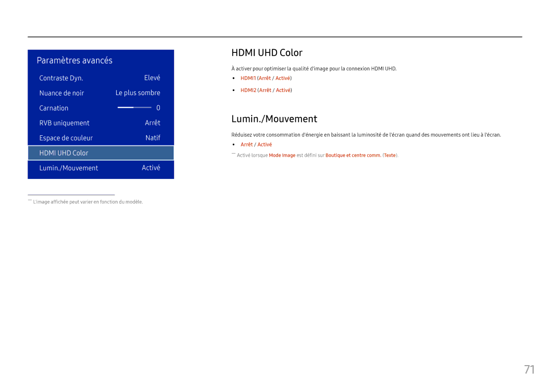 Samsung LH46OHFPKBC/EN, LH55OHFPKBC/EN manual Hdmi UHD Color, Lumin./Mouvement, HDMI1 Arrêt / Activé HDMI2 Arrêt / Activé 