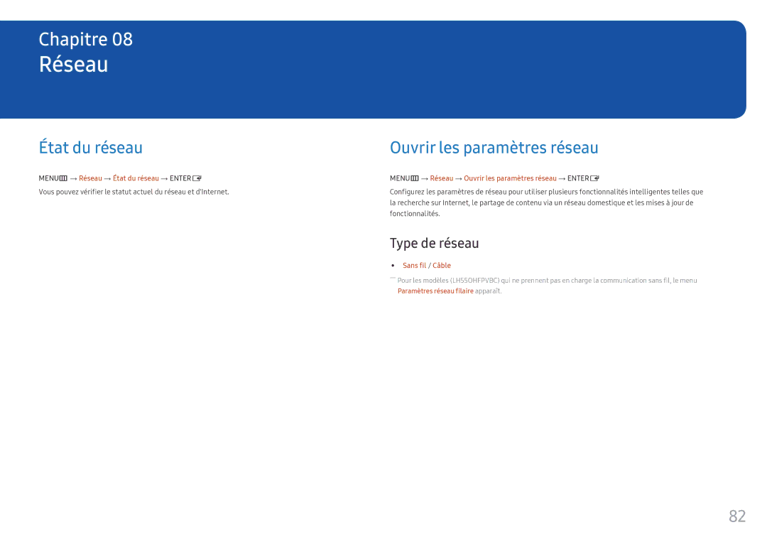 Samsung LH55OHFPVBC/EN, LH55OHFPKBC/EN, LH46OHFPKBC/EN manual Réseau, Ouvrir les paramètres réseau, Type de réseau 