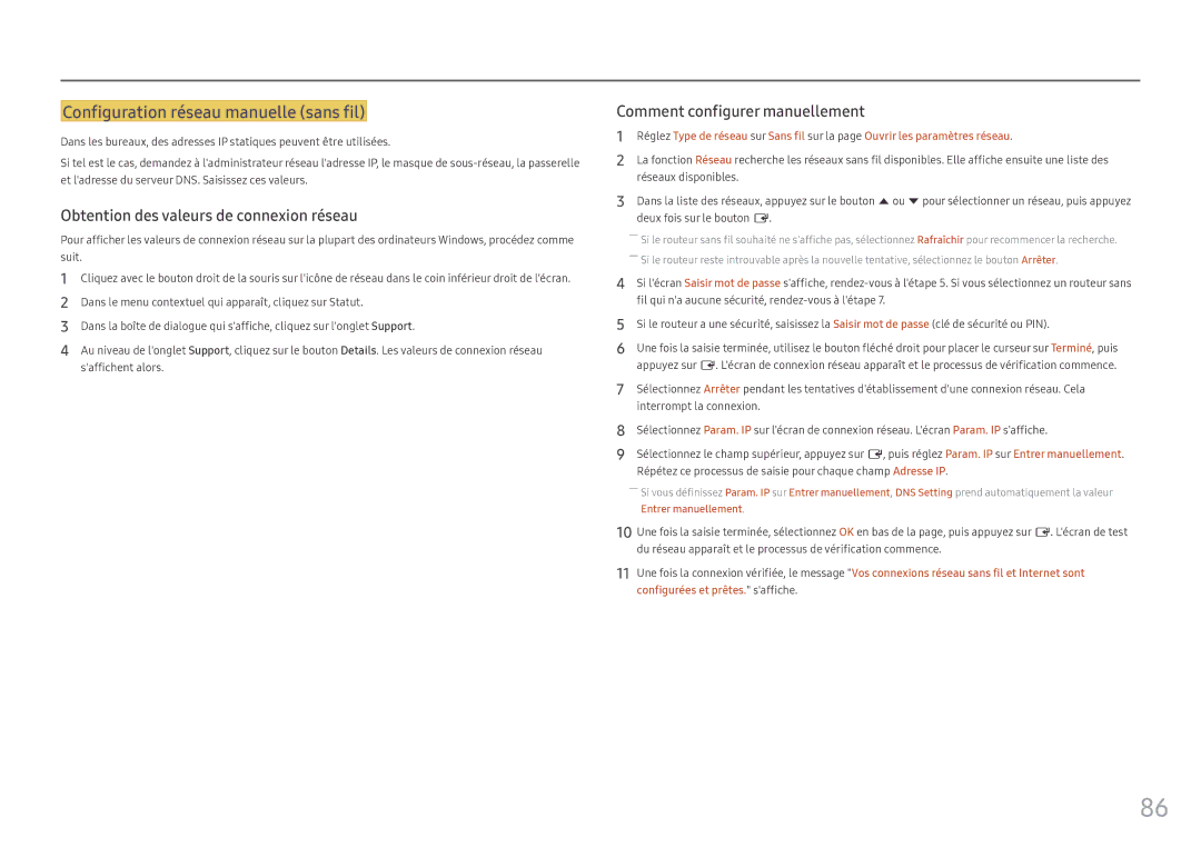 Samsung LH46OHFPKBC/EN, LH55OHFPKBC/EN, LH55OHFPVBC/EN manual Configuration réseau manuelle sans fil 