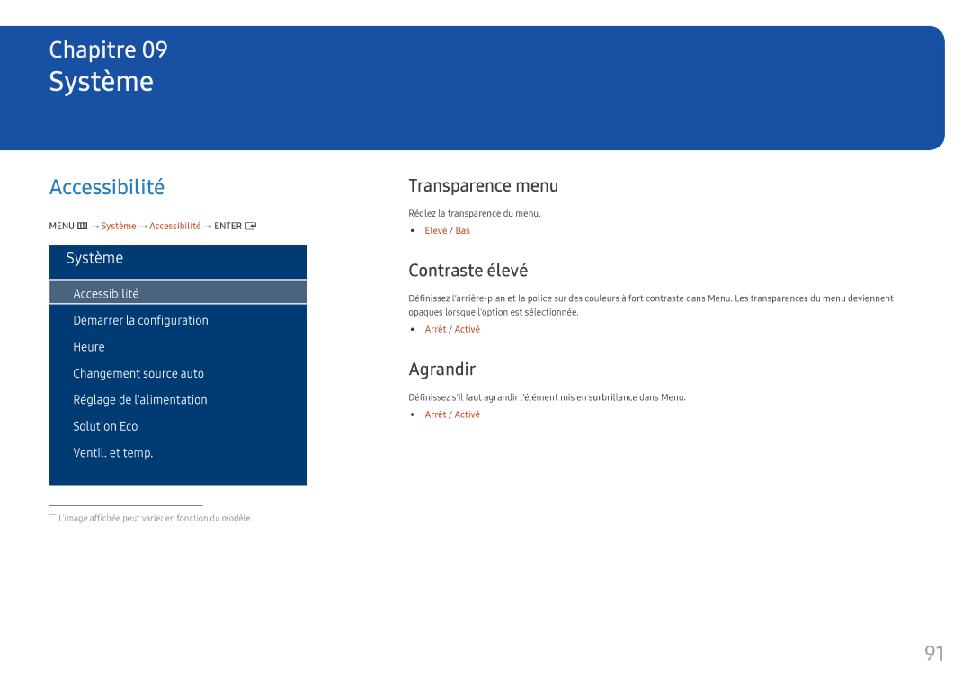 Samsung LH55OHFPVBC/EN, LH55OHFPKBC/EN, LH46OHFPKBC/EN Système, Accessibilité, Transparence menu, Contraste élevé, Agrandir 