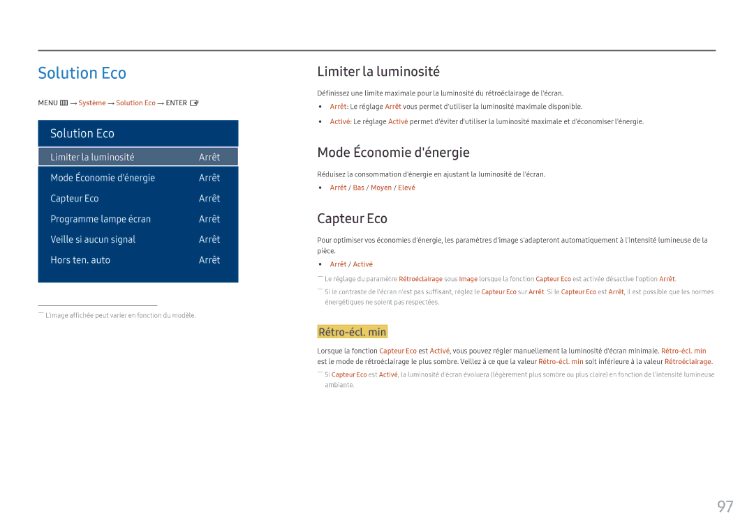 Samsung LH55OHFPVBC/EN, LH55OHFPKBC/EN manual Solution Eco, Limiter la luminosité, Mode Économie dénergie, Capteur Eco 