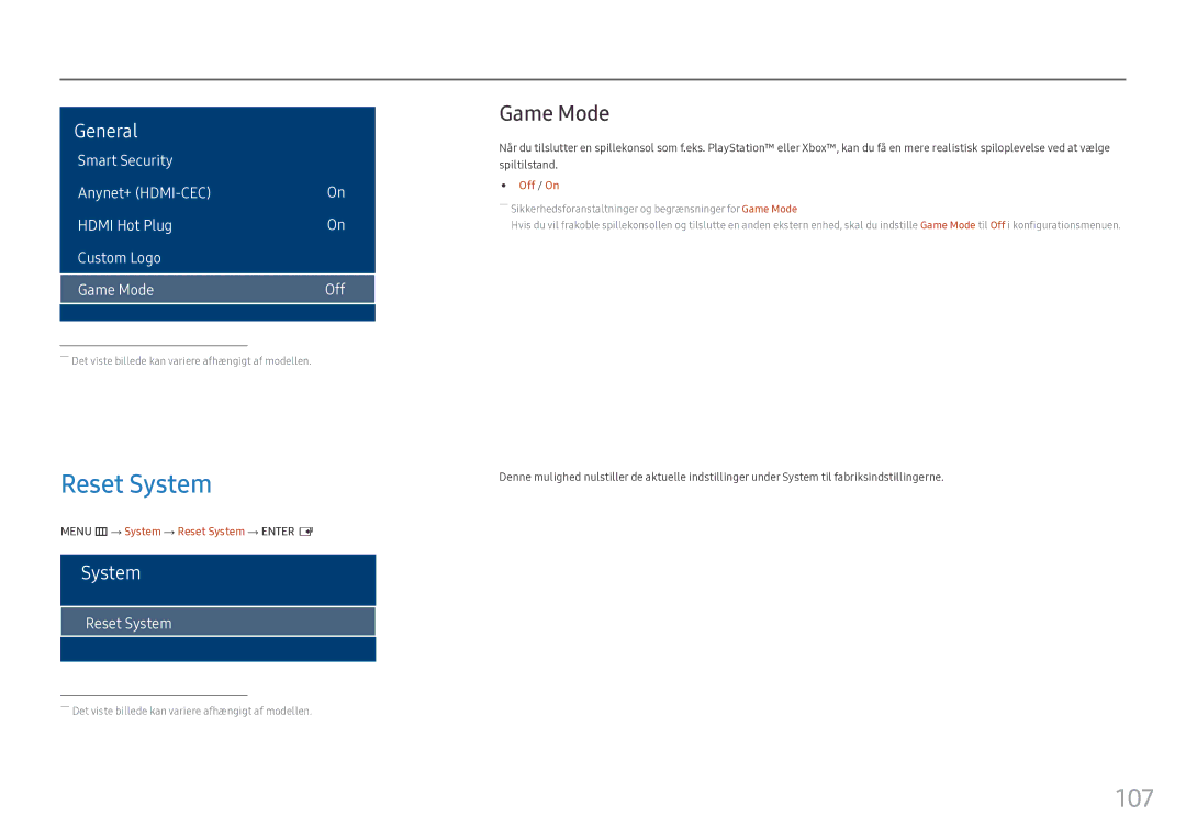 Samsung LH46OHFPKBC/EN, LH55OHFPKBC/EN, LH55OHFPVBC/EN manual 107, Game Mode, Menu m → System → Reset System → Enter E 