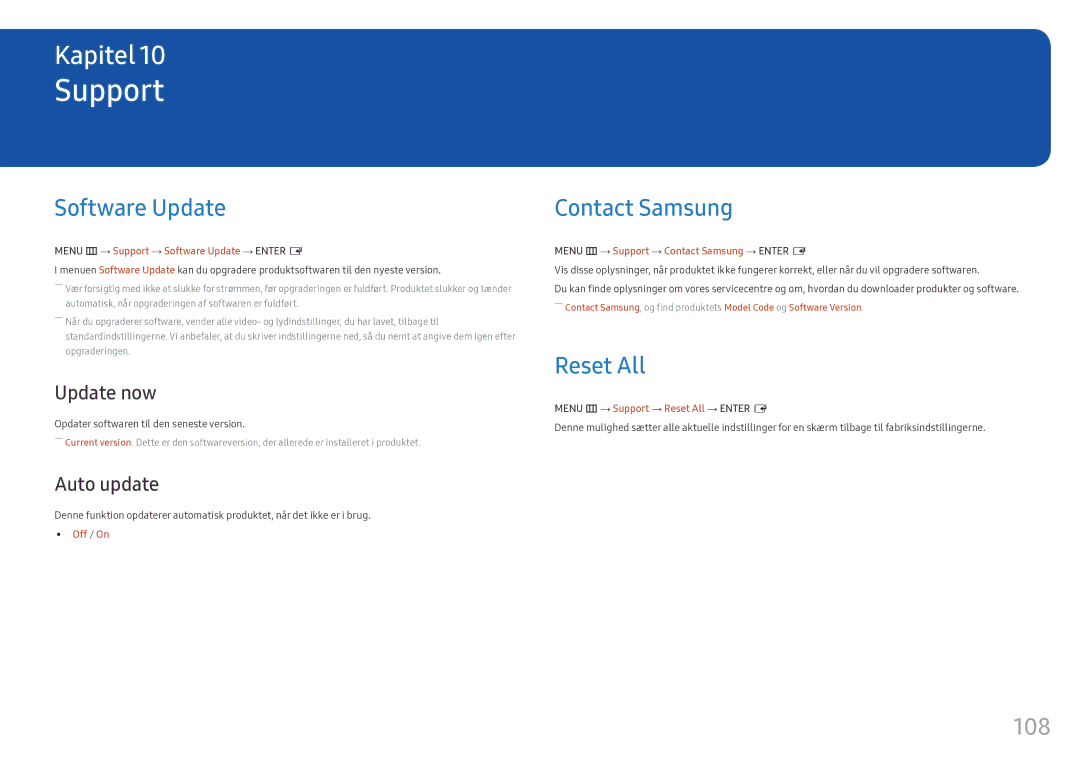 Samsung LH55OHFPKBC/EN, LH55OHFPVBC/EN, LH46OHFPKBC/EN manual Support, Software Update, Contact Samsung, Reset All, 108 